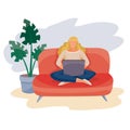 Girl sitting on the couch with legs crossed and working on a laptop, behind the sofa is a houseplant, isolated object on