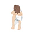 Girl sitting and cry on the floor and bend down hiding her face felling sad depression problem, illustration on white background