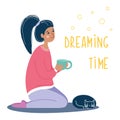Girl sitting with a cup in her hands and sleeping cat near her legs. Dreaming relax woman with a pet. Lifestyle concept