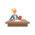 Girl sitting at the desk reading book and writing, student in learning process vector Illustration on a white backgroun Royalty Free Stock Photo