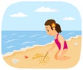 Girl drawing by stick on sand. Child in pink swimsuit and flower in hear relaxing on beach Royalty Free Stock Photo