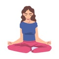 Girl Sitting on Floor in Lotus Position and Meditating Cartoon Vector Illustration Royalty Free Stock Photo