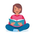 Girl sitting on the floor and reading book. Book lover, reader. Happy kid seating in lotus pose with opened book. Vector