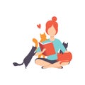 Girl sitting on the floor and reading a book surrounded by many cats, adorable pets and their owner vector Illustration