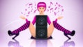 Girl sitting on the floor with speaker between her legs Royalty Free Stock Photo