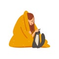 Girl Sitting on Floor Under Blanket and Stroking Cat, Young Woman Spending Weekend at Home and Relaxing, Rest at Home