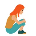 The girl is sitting. A frightened, depressed, sad girl looks lonely. Vector illustration of a helpless, frightened child