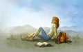 Girl sitting on the grass and looking into the distance in summer. In the background you can see mountains and a meadow.