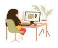 Girl Sitting at her Desk Having Online Lesson, Homeschooling, Distance Learning Concept Cartoon Style Vector Illustratio