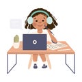 Girl Sitting at her Desk in Headphones Studying Online Using Computer, Homeschooling, Distance Learning Concept Cartoon