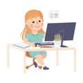 Girl Sitting at her Desk and Studying Online Using Computer, Homeschooling, Distance Learning Concept Cartoon Style