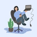 girl sitting with a laptop on an armchair, freelance, flat illustration