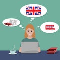 The girl is sitting at a laptop and studying English online. A gracious girl sits at a table with tea and books. English flag Royalty Free Stock Photo