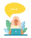 Girl sitting with a laptop at the table. Speech bubble with place for text. Conceptual illustration of online training