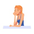 Girl Sitting and Looking at Us, Young Woman Sitting with His Head Propped on Hand Cartoon Vector Illustration