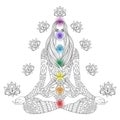 Girl sitting in lotus pose with chakras. Vector ornate boho wom