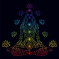 Girl sitting in lotus pose with chakras. Vector ornate boho wom