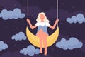 Girl sitting on moon in sleep at night, young woman with long hair riding crescent swing Royalty Free Stock Photo