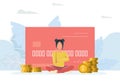 The girl is sitting near a credit card and money. A woman dreams of a multitude of purchases with a credit card. Vector