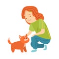 Girl sitting and petting her red puppy dog vector illustration Royalty Free Stock Photo