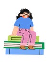 Girl sitting on pile of books. Concept studying and education. Vector flat illustration.