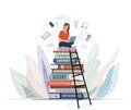 Girl sitting on pile of books with open laptop on her knees. Online library, study, e learning concept design. Vector Royalty Free Stock Photo