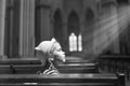 A girl is sitting and praying in the ancient church, black and white photo Royalty Free Stock Photo