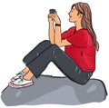 Girl sitting on the rock taking photo in hand coloring style hand drawn illustration