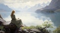 Art Deco Peasant Girl In Fjord: A Nostalgic Illustration Of Serenity