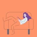 A girl sitting on the sofa Playing Smartphone. Vector flat illustration.