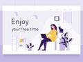 A girl sitting on the sofa works on the laptop. Vector flat illustration. Landing page template, cartoon style