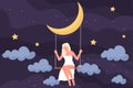 Girl sitting on swing hanging from moon at night, woman flying in sleep amongst stars Royalty Free Stock Photo