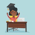 Girl sitting at the table with laptop and diploma.