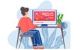 Girl sitting at a table looking at monitor with task back view, solves mathematical exercises