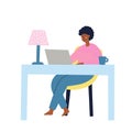Girl sitting at the table working on the laptop. Freelance, work at home concept Royalty Free Stock Photo