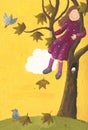 Girl sitting on a tree in autumn