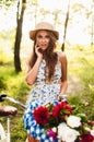 Girl sitting on vintage bicycle Royalty Free Stock Photo