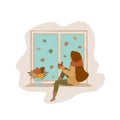 girl sitting on a window board watching falling leaves, autumn, fall isolated vector illustration scene