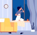 Girl sitting window sill. Depression, sad woman in room looking at night city. Autumn mood, life problems vector