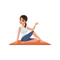 Girl sitting in yoga spinal twist position, beautiful woman practicing yoga vector Illustration on a white background
