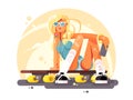 Girl skateboarder sit on skateboard design flat