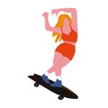 The girl skater. Beauty girl with golden hair surf on skateboard. Vector illustration isolated object.