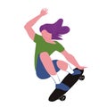 The girl skater. Beauty girl with violet hair make stunt on skateboard. Vector illustration isolated object.