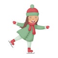 A girl on skates. Cute girl in cartoon style. A cheerful child is skating on winter skates. Vector illustration isolated Royalty Free Stock Photo