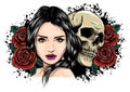 Girl with skeleton make up hand drawn vector sketch. Santa muerte woman witch portrait stock illustration Day of the