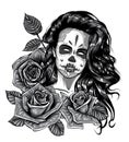 Monochromatic Girl with skeleton make up hand drawn vector sketch. Santa muerte woman witch portrait stock illustration