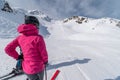 Girl skier watching empty slope in Solden ski resort, Solden, Austria, Europe Royalty Free Stock Photo