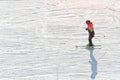 Girl skiing on a ski track. Sunny day