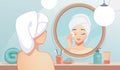Girl skin care. Cartoon beautiful girl in bathroom cleaning her face skin and using night lotion. Mirror reflection, female daily