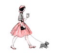 A girl in a skirt, beret and coffee walks with a French bulldog. Modern fashion sketch illustration in line and